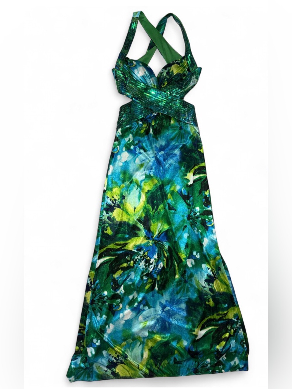 Masquerade Emerald, Teal & Lime Floral Halter Prom Dress